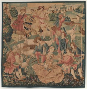 Jagt og pastorale scener, med en kranset helt mellem damer af design probably French 16th Century, Paris; woven in southern Netherlands or Paris in an undetermine workshop