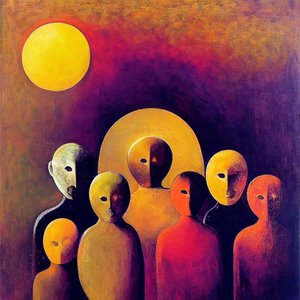 Abstrakt skare med udtryksfulde ansigter, figurativ surrealismekunst