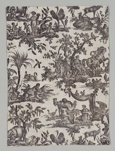 Fragment af kobbertrykt bomuld med "Les quatres parties du monde" design af firm of Christophe Philippe Oberkampf