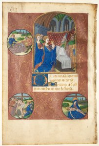 Blad fra en timebog: Præsentation i templet med rundstykker af lodtrækningen, aflejringen og Pietà (Ingen, Jomfruens kontor) af follower of Master of Adélaïde de Savoie