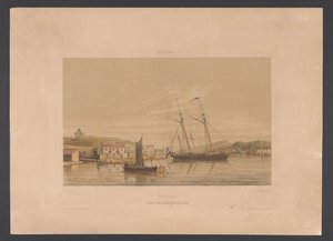 Willemstad havn Curacao. Anløb af krigsskibe i havnen (titel på objekt) Vestindien (serietitel på objekt) Udsigt fra Hollands Vestindien (serietitel) af jonkheer Jacob Eduard van Heemskerck