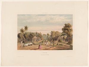 Slavekvarterer på en plantage Slavelejr Surinam. En plantageslavelejr (titel på objekt)