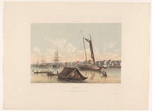 Havnefront og reder i Paramaribo Surinam. Udsigt over Paramaribo Waterkant og Redested (titel på objekt) af jonkheer Jacob Eduard van Heemskerck