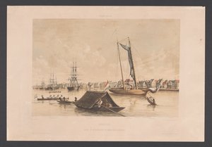 Havnefront og reder i Paramaribo Surinam. Udsigt over Paramaribo Waterkant og Redested (titel på objekt) Vestindien (serietitel på objekt) Udsigt fra Hollands Vestindien (serietitel) af jonkheer Jacob Eduard van Heemskerck