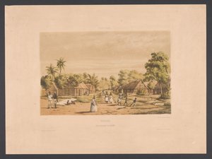 Hjem til slaver på en surinamsk plantage Surinam. En plantageslavelejr (titel på objekt) Vestindien (serietitel på objekt) Udsigt fra Hollands Vestindien (serietitel)