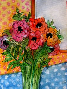 Blomster i vase, 2014 (akvarel, blæk) af linda arthurs