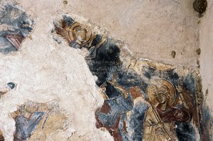 Engel og helgen, detalje fra fresco i kirken Agios Georgios Apodoulou, Apodoulou, Kreta, Grækenland (foto) af Theodore Charles Ange Coquelin