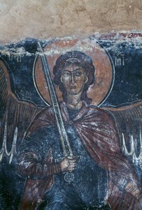 Engel holder sværd, fresko i den byzantinske kirke St George, Komitades, Kreta, Grækenland (foto)
