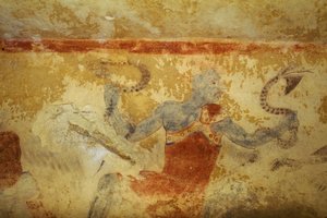 Blå dæmon med slanger, freskomaleri, de blå dæmoners grav, Tarquinias nekropolis (UNESCOs verdensarvsliste, 2004), Lazio, Italien. Etruskisk civilisation, 5. århundrede f.Kr. (foto)