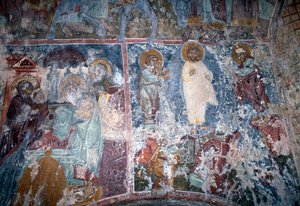Kristus og helgener, fresko i den byzantinske kirke Sotiras Christos, Vlithias, Kreta, Grækenland (foto) af Theodore Charles Ange Coquelin