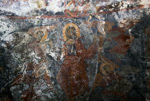 Kristus med engle og helgen, fresko i kirken Panagia, Kitiros, Kreta, Grækenland (foto) af Theodore Charles Ange Coquelin
