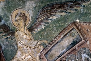 Fresker med engel i Church of Metamorphosis tou Sotiros, Kefali, Kreta, Grækenland (foto) af Theodore Charles Ange Coquelin