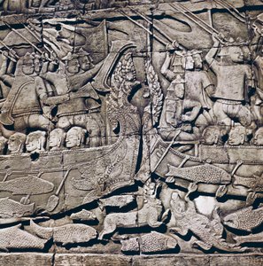 Søslag mellem Cham og Khmer, detalje af et basrelief af Bayon-templet (1200-tallet), Angkor Thom, Angkor arkæologiske sted (UNESCOs verdensarvsliste