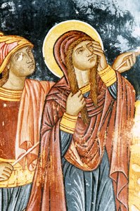 St Longinus og Mary, korsfæstelsesscene, fresko i Mikro Sotiris kloster, Symi-øen, Grækenland (foto) af Theodore Charles Ange Coquelin
