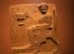 Stele med relief, der viser guddomme og slanger, fra Sparta, Grækenland, græsk civilisation af Theodore Charles Ange Coquelin