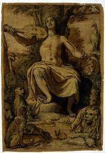 Orpheus fortryller dyrene med musikken fra en violin. Tegning af Federico Zuccari (1542 - 1609). af or Zuccaro Federico Zuccari