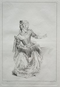 Kvinde, der holder en ventilator af possibly by Benoit II Audran