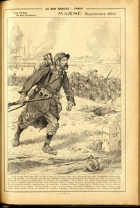 Dagbog Buvard du Bon Marche 1917 - Illustration af Job (Jacques Marie (Jacques-Marie) Gaston Onfray og Breville) (1858-1931): Marne september 1914 - 14. -18. krig, Marne, Store slag, Slaget ved Marne - Soldater af pseudonym for Onfray de Breville Jacques Job
