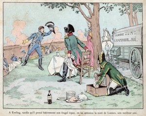 Slaget ved Aspern Essling - Napoleon modtager nyheder om marskal Lannes død 1809 - Slaget ved Aspern-Essling - Napoleon modtager nyheder om marskal Lannes død - litografi af Job (Jacques Onfroy de Breville) fra "" Le Grand Napoleon des Petites af pseudonym for Onfray de Breville Jacques Job