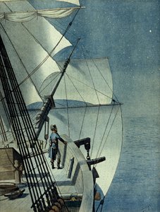 Kampagne (Ekspedition) af Egypten (1798-1801): Retur fra Alexandria til Egypten ombord på fregatten "La Muiron", Napoleon I Bonaparte (1769-1821) alene på bådens bro betragter Middelhavet om natten af pseudonym for Onfray de Breville Jacques Job