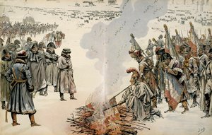 Ruslands kampagne (1812): Under Ruslands tilbagetog beordrede Napoleon I Bonaparte (1769-1821) at brænde flag og ørne for at forhindre fjenden i at overtage dem. I "" Napoleon"" af Georges Montorgueil. Illustration af Jacques Marie Gaston Onfray af pseudonym for Onfray de Breville Jacques Job