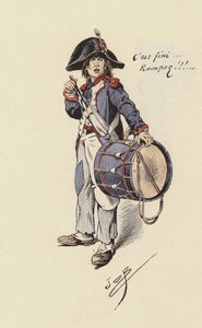 Trommeslager dreng (farve litho) af pseudonym for Onfray de Breville Jacques Job