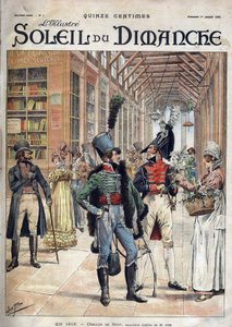 Hver sin blomst. En soldat købte blomster af en ekspedient i et overdækket galleri i Paris i 1816. Fra en akvarel af hr. Job. Indgravering i “Le sun-du-dimanche”, LE 1 JANUAR 1899. af pseudonym for Onfray de Breville Jacques Job