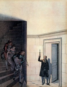 Kejser Napoleon I Bonaparte (1769-1821) og hans kammerherre efter meddelelsen om hendes skilsmisse i 1809 var kejser Josephine (1763-1814) forsvundet i hendes soveværelse. I "" Napoleon"" af Georges Montorgueil. Illustration af Jacques Marie Gaston Onfray af pseudonym for Onfray de Breville Jacques Job