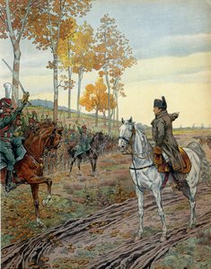 Kejser Napoleon I Bonaparte (1769-1821) anlagde det andet regiment af hestejægere i 1806 under felttoget i Preussen (Tyskland) før slaget ved Iena den 14. oktober 1806. I "" Napoleon"" af Georges Montorgueil. Illustration af Jacques Marie af pseudonym for Onfray de Breville Jacques Job