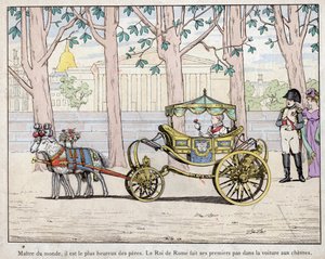 Kejser Napoleon I Bonaparte (1769-1821) med sin søn prins Napoleon Francois Charles Joseph Bonaparte, som blev konge af Rom Napoleon II også senere kaldt Aiglon - Napoleon ser kongen af Italien (Napoleon II) tage sine første skridt i en ca. af pseudonym for Onfray de Breville Jacques Job