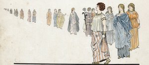Femmes des "" frie mænd"" (frie borgere) iført deres kjoler hæftet på skulderen og tunge juveler på armene. i "" Frankrig, hans historie fortalt af G. Montorgueil, imagee af Job""" 1896. Privat samling. af pseudonym for Onfray de Breville Jacques Job