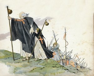Første korstog: Eremitten Peter (1050-1115) leder korstoget til råbet om "Gud vil det!" . Han er iført frakke, slår med et kors og holder en pelerin humle. En lille pige, der symboliserer Frankrig, ledsager hende. i "" Frankrig, hendes historie fortalt af  af pseudonym for Onfray de Breville Jacques Job