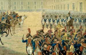 Første anmeldelse af den konsulære vagt i Tuileriernes gårdhave af Napoleon I Bonaparte (1769-1821). Efter vedtagelsen af forfatningen i 1800 forlod regeringen Peer-Luxembourg for at slå sig ned i Tuilerierne. På dagen for hans installation, Fi af pseudonym for Onfray de Breville Jacques Job