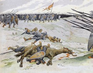 Fransk-engelsk krig (1202-1214): soldater, der døde i slaget ved Bouvines den 27/07/1214, som modsatte den franske hær af Philippe Auguste til flamlænderne og Welfs af Othon IV. i "Frankrig, dets historie fortalt af G. Montorgueil, billede af Job"" 1896. P af pseudonym for Onfray de Breville Jacques Job