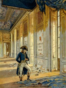 Fransk revolution i 1789: Napoleon I Bonaparte (1769-1821) i tronsalen ved Tuileries-paladset efter passagen af de revolutionære, der ransagede stedet. På væggen står der: "Riget er afskaffet." Illustration af Jacques Marie Gaston Onfray af pseudonym for Onfray de Breville Jacques Job
