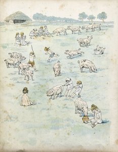 Galliske børn leger med grise på en mark. i "" Frankrig, hans historie fortalt af G. Montorgueil, imagee af Job""" 1896. Privat samling. af pseudonym for Onfray de Breville Jacques Job