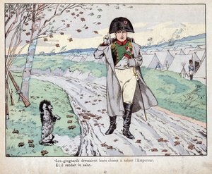 Grognards (Old Guard of Napoleon Bonaparte) trænede deres hunde til at hilse kejseren - litografi af Job (Jacques Onfroy de Breville) fra "" Le Grand Napoleon des Petites Enfants"" 1893 af pseudonym for Onfray de Breville Jacques Job