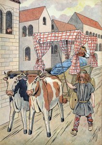 Frankrigs historie. Scene, der skildrer dovne konger i legetøj: Kongen af Frankrig Thierry III (673-691) bærer i en tank med en seng trukket af okser. I “” Joujoux a l