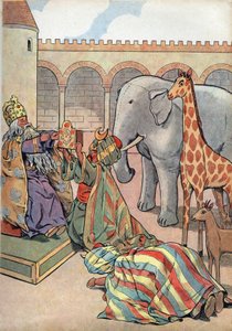 Frankrigs historie. Scene fra Karl den Stores liv i legetøj: Kalif Haron Al Rashid (Haron-Al-Rachid) giver Kongen af Frankrig Karl den Store (742-814) en giraf, en elefant og et ur. I "" Joujoux a l