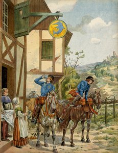 Frankrigs historie i middelalderen (middelalderen): posttjeneste under kong Ludvig XI. kaldet den forsigtige (1423-1483). Horseback Poststationering på en kro. Illustration af Jacques Marie Gaston Onfray de Breville dit JOB (1858-1931) af pseudonym for Onfray de Breville Jacques Job