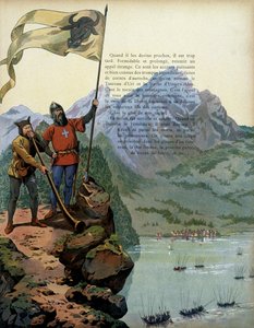 Frankrigs historie i middelalderen: Tropperne fra Charles the Temeraire (1433-1477), hertugen af Bourgogne, går ind i Vauds land i Schweiz. Illustration af Jacques Marie Gaston Onfray de Breville dit JOB (1858-1931) af pseudonym for Onfray de Breville Jacques Job