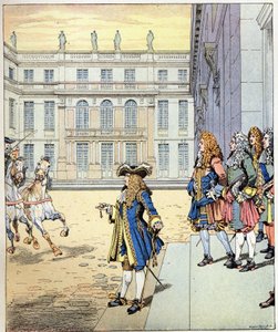 Jeg ventede næsten! ordene fra kongen af Frankrig Ludvig XIV sagde kong Soleil (1638-1715) talt foran slottet i Versailles, da hans karrosser ankom på det præcise tidspunkt. Illustration af Job (Jacques Marie Gaston Onfray og Breville) (Jacques-Marie)