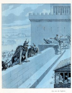 Illustration fra bogen "A la Glory des Betes"" tekst af A Fabre, tegninger af Jacques Marie Gaston Onfray de Breville dit JOB (1858-1931), redaktør Maison Alfred Mame et fils: Les goies du Capitole (890 f.Kr.), les Gallernes belejring af Rom, delvis samlin af pseudonym for Onfray de Breville Jacques Job