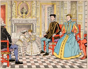 Illustration fra bogen "Le bon roy Henri", illustreret af Jacques Marie Gaston Onfray de Breville dit JOB (1858-1931): Antoine de Bourbon tog ham med til Paris og præsenterede ham for sin fætter Henri II, som rakte ham hånden af sin datter Marguerite de af pseudonym for Onfray de Breville Jacques Job