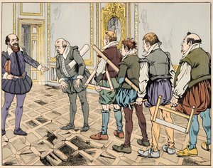Illustration fra bogen "Le bon roy Henri", illustreret af Jacques Marie Gaston Onfray de Breville dit JOB (1858-1931): Sully (Maximilian de Bethune) viser en alvorlig økonomi - Privat samling af pseudonym for Onfray de Breville Jacques Job