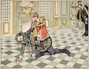 Illustration fra bogen “Le bon roy Henri”, illustreret af Jacques Marie Gaston Onfray de Breville dit JOB (1858-1931): Foran den spanske ambassadør leger Henri IV med sine børn - Privat samling af pseudonym for Onfray de Breville Jacques Job