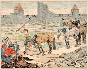 Illustration hentet fra bogen “” Le bon roy Henri””, illustreret af Jacques Marie Gaston Onfray de Breville dit JOB (1858-1931): sultne parisere slagter deres heste - Privat samling af pseudonym for Onfray de Breville Jacques Job