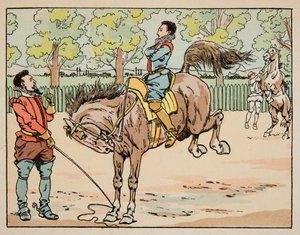 Illustration hentet fra bogen “” Le bon roy Henri””, illustreret af Jacques Marie Gaston Onfray de Breville dit JOB (1858-1931): Uddannelse ved 1500-tallets ridning - Privat samling af pseudonym for Onfray de Breville Jacques Job