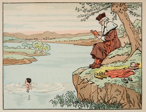 Illustration hentet fra bogen “Le bon roy Henri”, illustreret af Jacques Marie Gaston Onfray de Breville dit JOB (1858-1931): Uddannelse i det 16. århundrede: svømning - Privat samling af pseudonym for Onfray de Breville Jacques Job