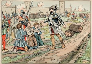 Illustration taget fra bogen “Le bon roy Henri””, illustreret af Jacques Marie Gaston Onfray de Breville dit JOB (1858-1931): Henri IV giver penge og befrier bønder, der forsøgte at indføre mad i Paris - Privat samling af pseudonym for Onfray de Breville Jacques Job